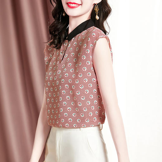 SM  12195833气质印花真丝桑蚕丝无袖翻领衬衫 商品图2