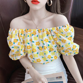 夏季气质露肩锁骨性感一字领短袖T恤女碎花百搭雪纺衫上衣小衫潮