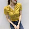 木耳边T恤女v领长袖性感露锁骨荷叶边上衣设计感收腰显瘦打底衫 商品缩略图0