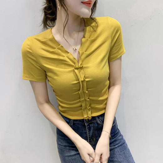 木耳边T恤女v领长袖性感露锁骨荷叶边上衣设计感收腰显瘦打底衫 商品图0