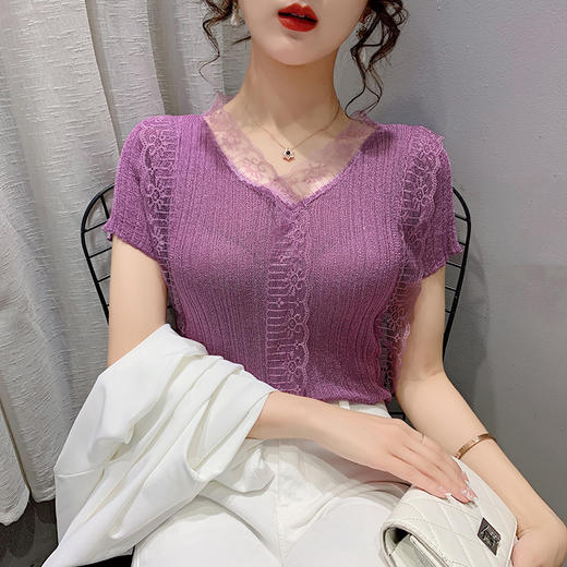 夏季新款性感蕾丝拼接V领冰丝针织衫女短袖T恤修身显瘦上衣薄款 商品图1