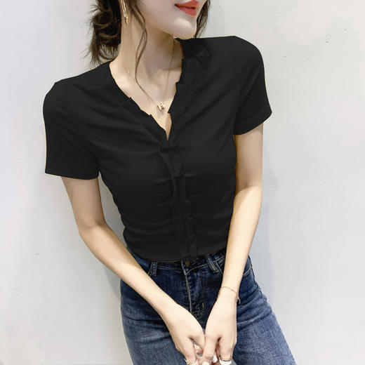 木耳边T恤女v领长袖性感露锁骨荷叶边上衣设计感收腰显瘦打底衫 商品图3