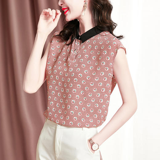 SM  12195833气质印花真丝桑蚕丝无袖翻领衬衫 商品图3