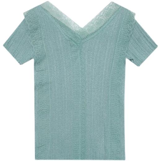 夏季新款性感蕾丝拼接V领冰丝针织衫女短袖T恤修身显瘦上衣薄款 商品图4