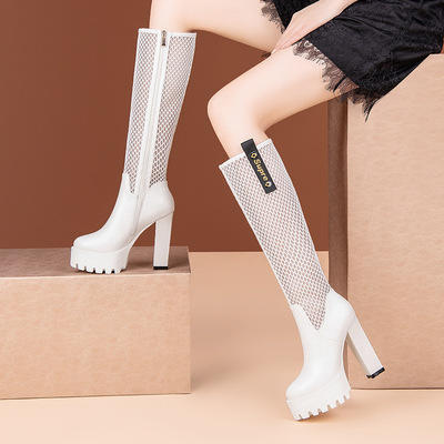 OLD- 1935 长靴女不过膝2021新款女鞋网纱镂空粗跟防水台高跟网靴骑士靴凉靴 商品图1