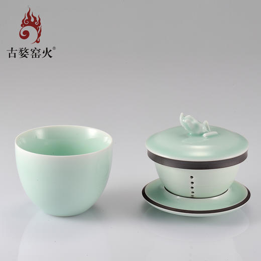 玉青瓷 福寿盖碗一对 商品图1