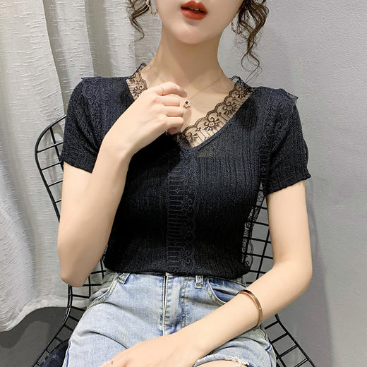 夏季新款性感蕾丝拼接V领冰丝针织衫女短袖T恤修身显瘦上衣薄款 商品图3