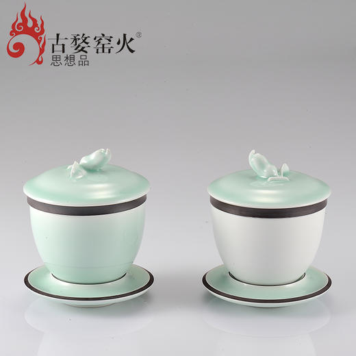 玉青瓷 福寿盖碗一对 商品图0