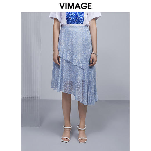 VIMAGE纬漫纪女装夏季新款高腰印花雪纺不规则半身裙V1506113 商品图0