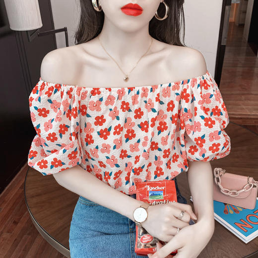 夏季气质露肩锁骨性感一字领短袖T恤女碎花百搭雪纺衫上衣小衫潮 商品图3