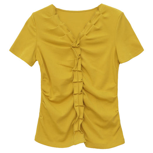 木耳边T恤女v领长袖性感露锁骨荷叶边上衣设计感收腰显瘦打底衫 商品图4