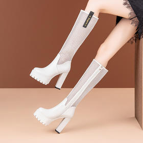 OLD- 1935 长靴女不过膝2021新款女鞋网纱镂空粗跟防水台高跟网靴骑士靴凉靴