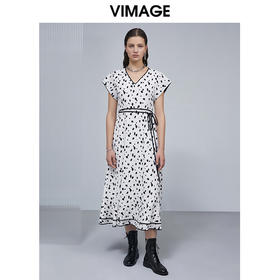 VIMAGE纬漫纪女装夏季新款V领系带雪纺高腰显瘦气质连衣裙长款薄V1507161连衣裙