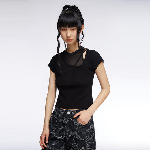 HOLONOMIC 原创网纱拼接镂空修身设计感小众短袖T恤 商品图2