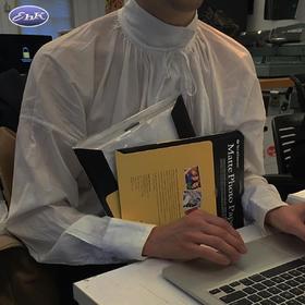 EhK秋冬 白色 百搭休闲 设计款 领口抽褶绑带衬衣