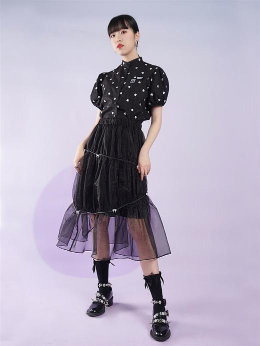 fragileheart易碎商店夏季立领原创设计小众爱心元素黑色衬衫女 商品图0