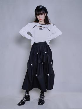 fragileheart 易碎商店镂空拼接长袖t恤黑白风打底衫女泡泡袖上衣