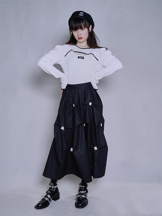 fragileheart 易碎商店镂空拼接长袖t恤黑白风打底衫女泡泡袖上衣 商品图0