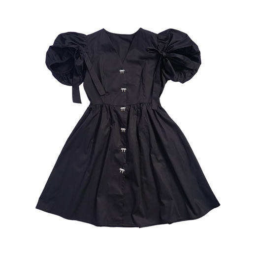 fragileheart易碎商店夏季原创V领短袖中长款黑色蝴蝶结连衣裙女 商品图3