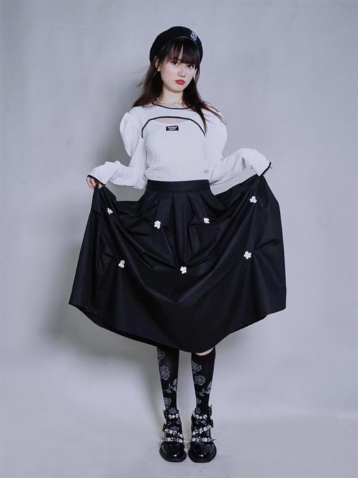 fragileheart易碎商店 黑色小花半身裙女秋2021新款褶皱长款裙子 商品图2