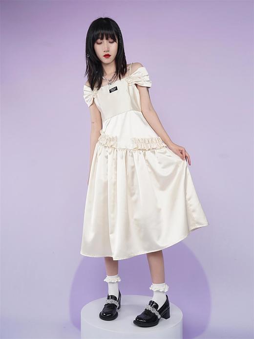 fragileheart易碎商店缎面吊带一字肩无袖高腰黑色高定连衣裙女春 商品图2