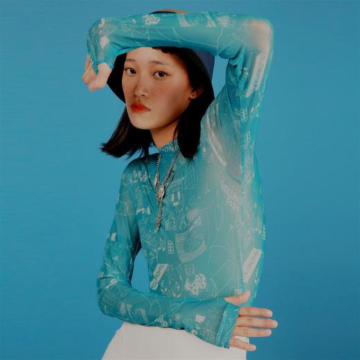 HOLONOMIC 原创设计印花网纱弹力修身长袖打底衫 商品图1