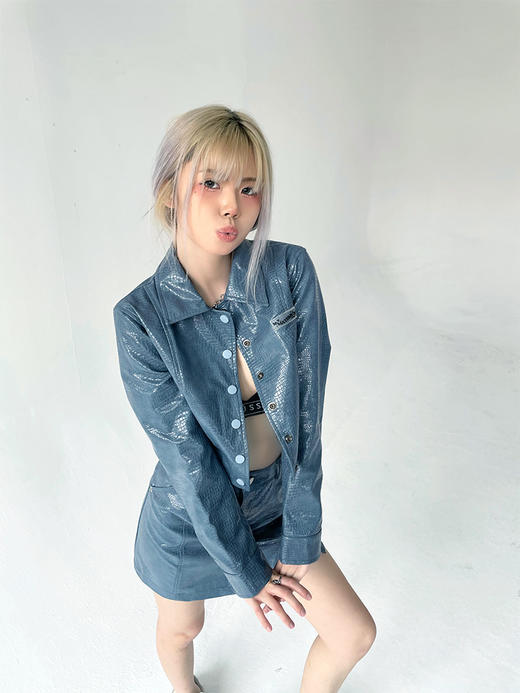 MATEMATE原创雾霾蓝鳄鱼纹甜酷套装皮外套&开衩半身裙 商品图0