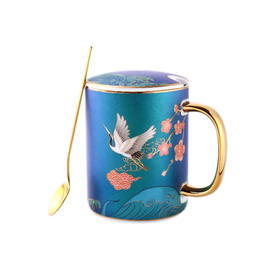 诺轩陶瓷带盖勺简约创意个性潮流 国潮前程似锦马克杯350ml