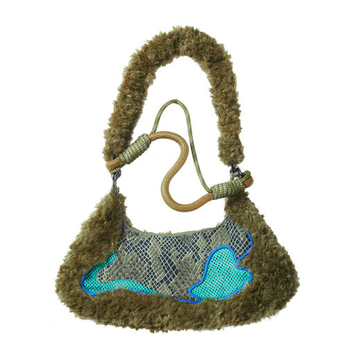 HOLONOMIC 原创设计羊羔毛蛇纹拼接斜跨单肩手提包 商品图4