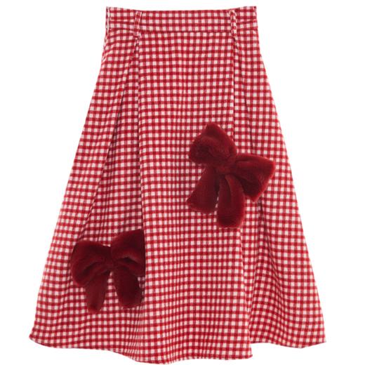 冬季圣诞节春节复古紅色格子毛呢松紧半裙 立体毛绒蝴蝶结可拆卸 商品图4