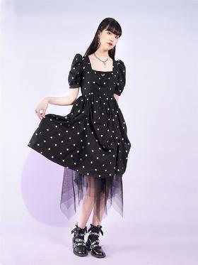 fragileheart易碎商店2021夏季新款方领爱心中长款网纱短袖连衣裙