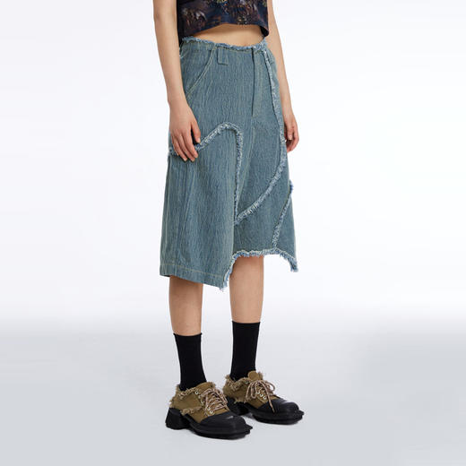 HOLONOMIC 原创不规则毛边分割宽松阔腿设计感小众牛仔五分短裤 商品图0