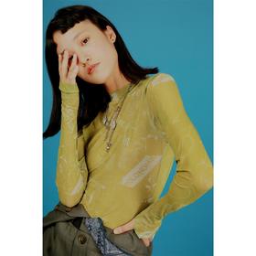 HOLONOMIC 原创设计印花网纱弹力修身长袖打底衫