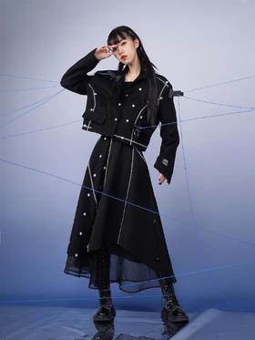 fragileheart易碎商店 黑色小花拼接西装毛呢外套女半身裙套装春