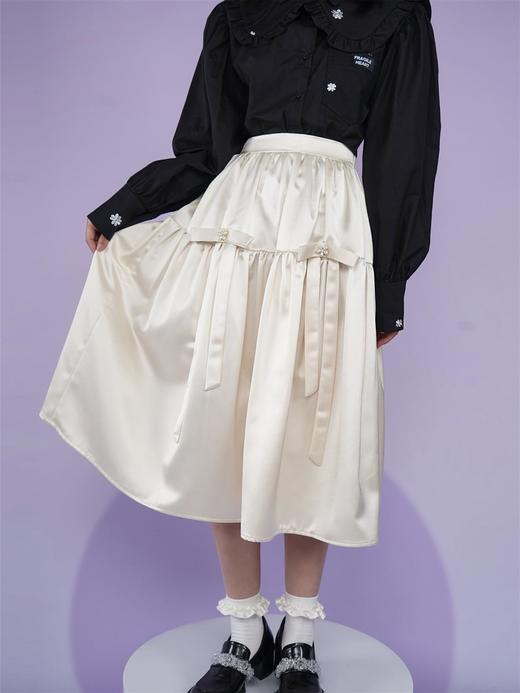 fragileheart易碎商店黑色缎面中长款公主裙半身裙米色花苞裙女 商品图2