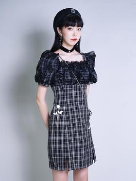 fragileheart黑色拼接裙子泡泡袖格子连衣裙女2021新款春方领短裙
