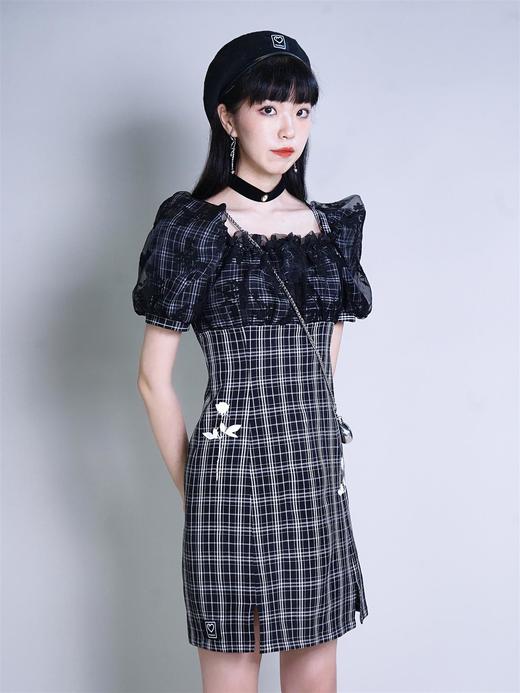 fragileheart黑色拼接裙子泡泡袖格子连衣裙女2021新款春方领短裙 商品图0