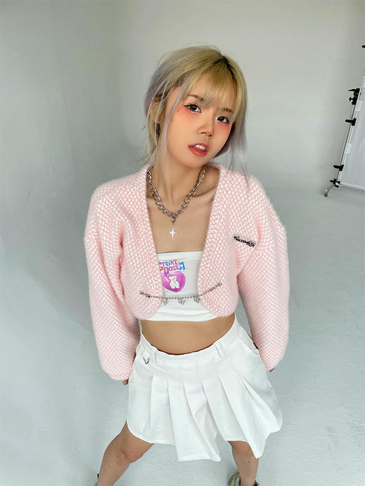 MATEMATE原创奶粉色少女毛毛可拆卸蝴蝶链条短外套 商品图1