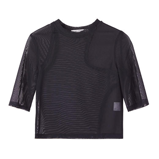 HOLONOMIC 透色弹力短款网纱透视修身短袖打底衫 商品图4