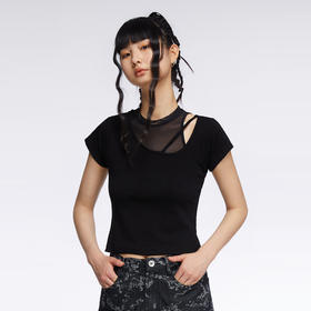 HOLONOMIC 原创网纱拼接镂空修身设计感小众短袖T恤