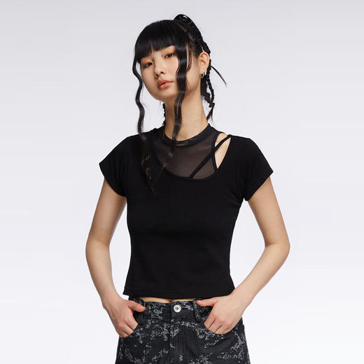 HOLONOMIC 原创网纱拼接镂空修身设计感小众短袖T恤 商品图0