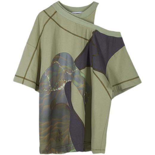 HOLONOMIC 原创宽松设计感小众印花短袖T恤斜肩露肩上衣 商品图4