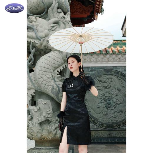 EhK 中式旗袍 吊钻装饰收腰泡泡袖少女复古连衣裙 商品图0
