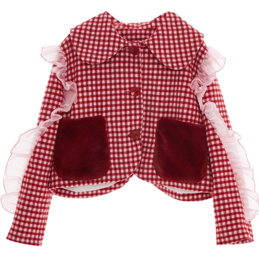 2020冬季圣诞节春节红色格子少女心欧根纱拼接毛呢兔毛短外套限量 商品图4