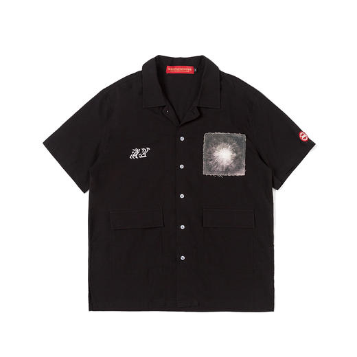 WHISTLEHUNTER 潮牌男女贴布印花基础双口袋开叉黑色开领短袖衬衫 商品图4