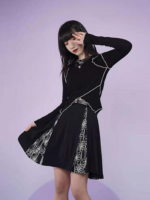 fragileheart易碎商店 春季新款拼接花色短裙a字百褶裙半身裙女 商品图2