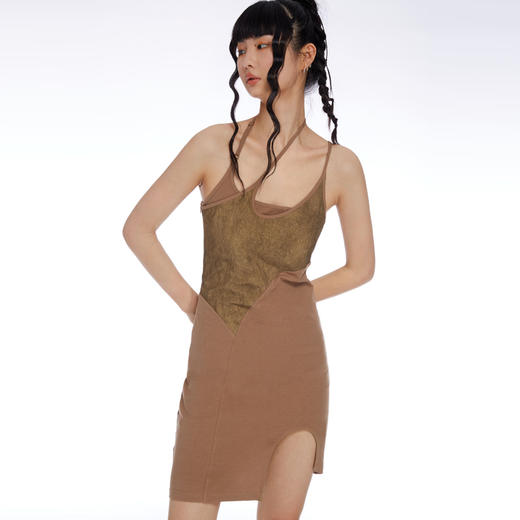 HOLONOMIC 原创撞色拼接设计感小众甜酷辣妹不规则修身吊带连衣裙 商品图0