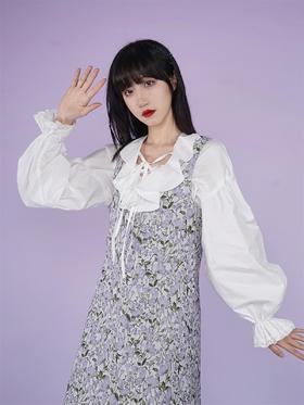 fragileheart易碎商店春季紫色碎花背带高腰中长裙无袖连衣裙女