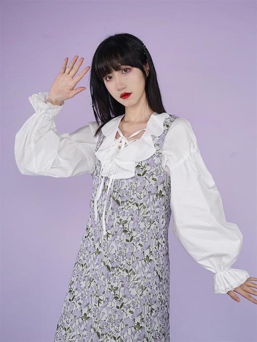 fragileheart易碎商店春季紫色碎花背带高腰中长裙无袖连衣裙女 商品图0