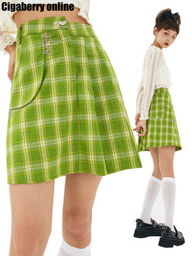 Cigaberry2021春夏不规则设计感绿格百褶半裙百搭夏日清凉少女感